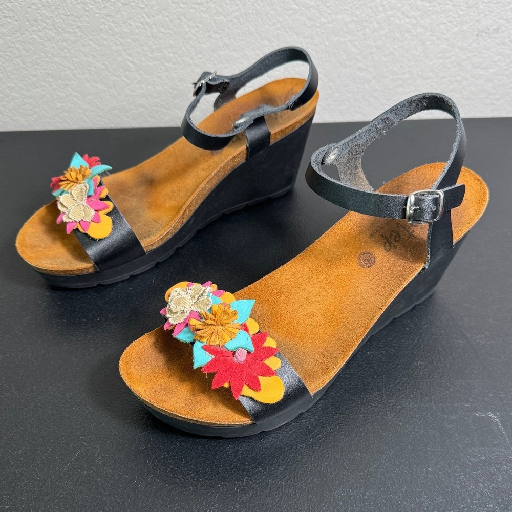 Biostep Fleur Women Black Wedges Floral Embellished Ankle‎ Strap Cork Size 8